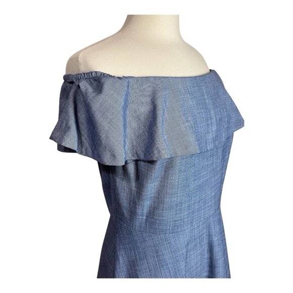 Banana Republic Dress 10 Off Shoulder Sheath Chambray Blue A-Line Ruffle Stretch - Picture 5 of 9